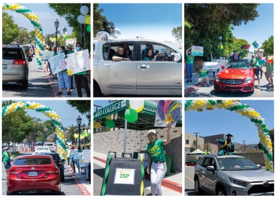 From top left: staff in masks holding congratulatory signs, an SUV with graduates, a car surrounded by supporters cheering, a line of cars going through a baloon arch, and a single car under the baloon arch with a graduate sitting on the roof in cap and gown.